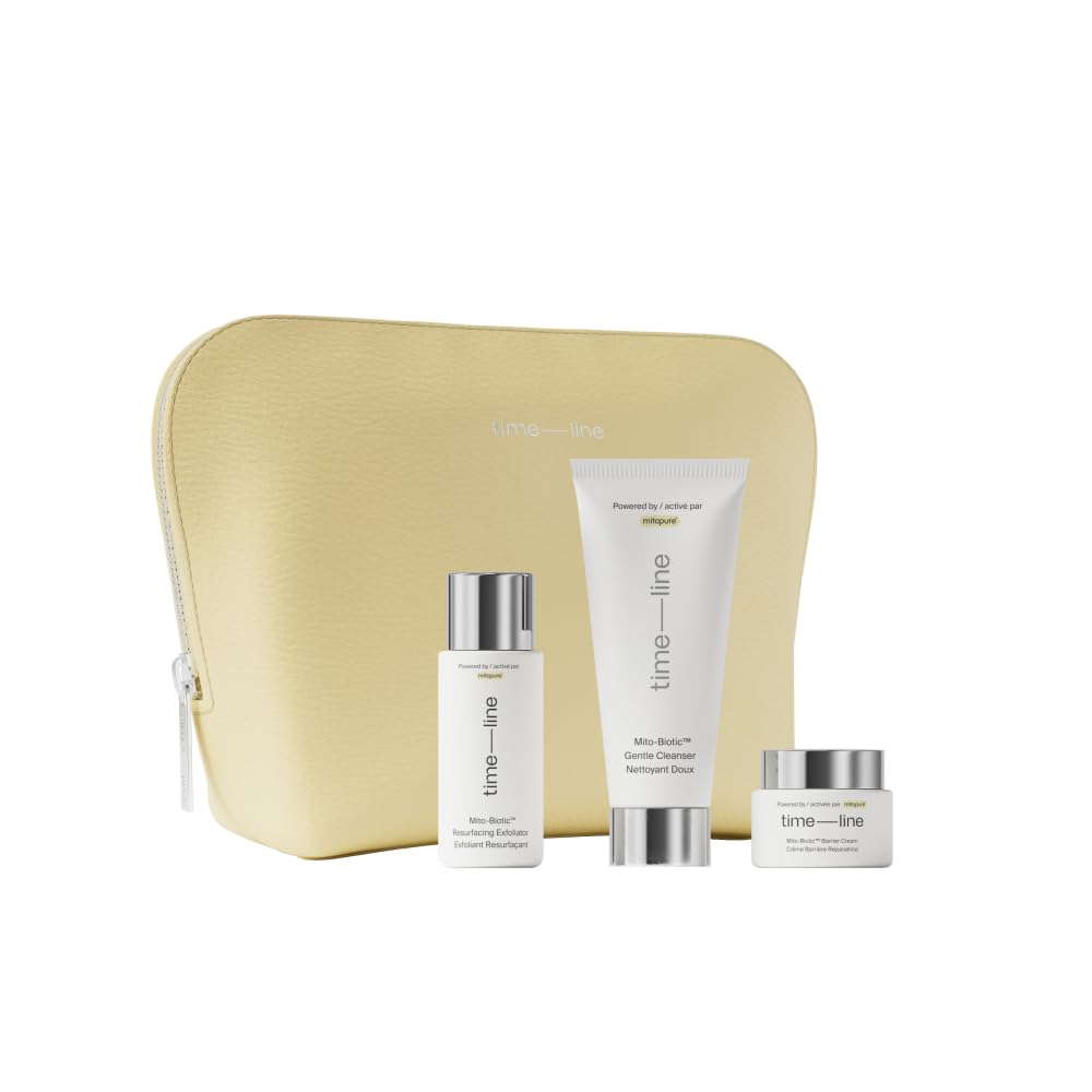 Timeline Mitopure Skincare Routine Starter Kit in Travel Case with Gentle Cleanser 50 ml, Resurfacing Exfoliator 30ml & Barrier Cream 15 ml for All Skin Types