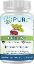 PURE® Beets+ Organic Beet Root Capsules - 900mg - 90 Count, 30 Servings - Blood Pressure & Circulation Support Supplement - with L-Arginine, Hawthorn Berry & B12 - Cardiovascular Health - Made in USA