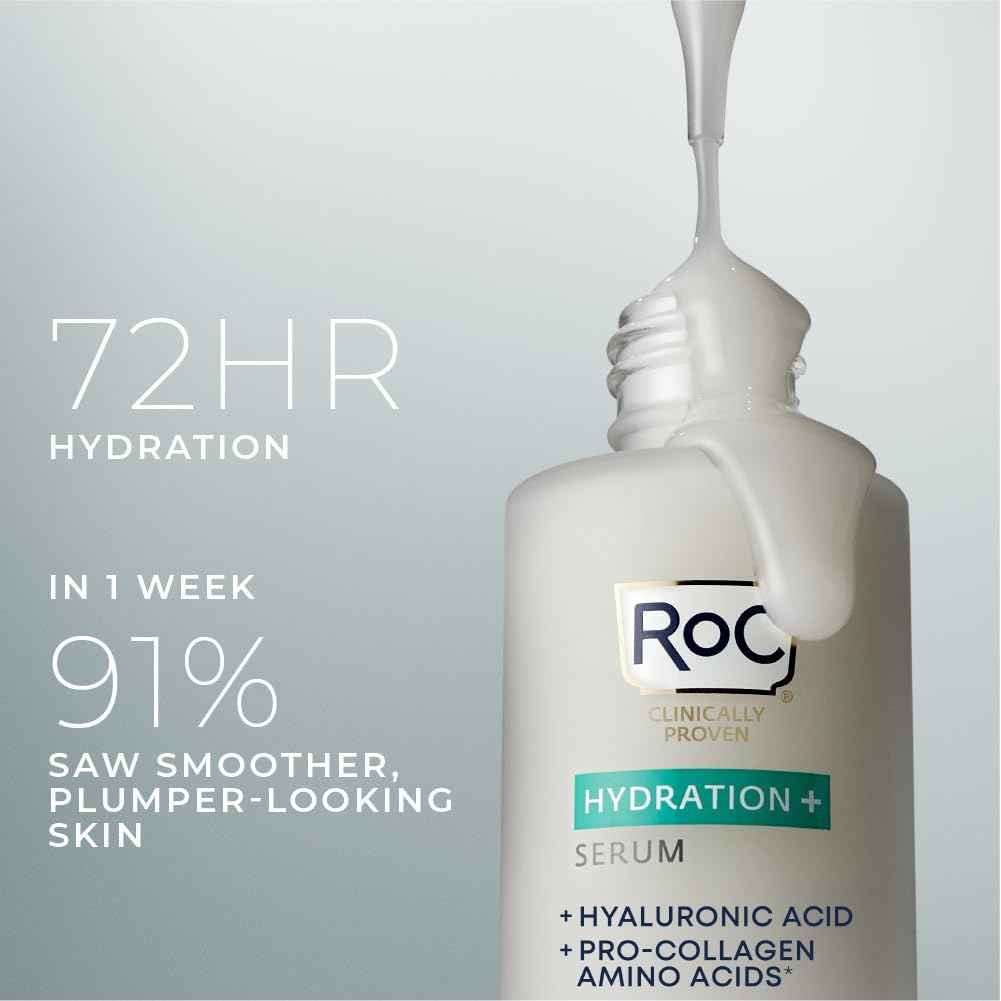RoC Hydration+ Hyaluronic Acid Serum for Face, Hydrating, Plumping, Fragrance Free, Lightweight Formula with Collagen Proteins (1 Ounce)