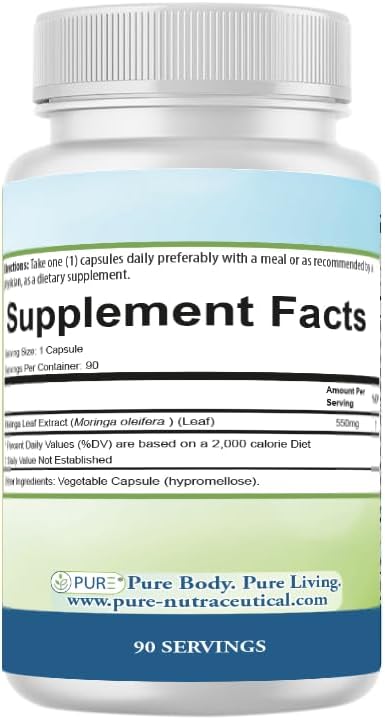 PURE® Moringa Extract 550 mg - 90 Vegetable Capsules - 10:1 Organic Leaf Extract - Nutrient Dense Superfood for Energy, Beauty, & Digestion - Non-GMO, Vegan, Made in USA