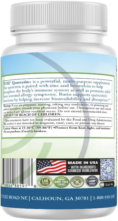 PURE® Quercetin+ with Zinc, Bromelain, Rutin Immune Shield - 60 Capsules - High Bioavailability Antioxidant Complex for Respiratory Health & Viral Defense - Made in USA