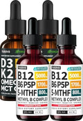 NUSAVA (2-Pack) Methylated B Complex Liquid Drops Raspberry and (2-Pack) Organic Vitamin D3 K2 Drops with MCT Oil Omega 3 - Sublingual Vitamin B12 5000mcg and Liquid D3 5000 IU for Daily Wellness