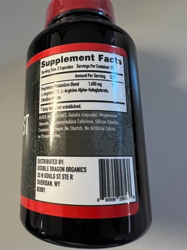 Nitric Oxide Booster Supplement, 1600mg Extra Strength L-Arginine, Citrulline Malate, and Alpha-Ketoglutarate (60 Count, 1 Bottle)
