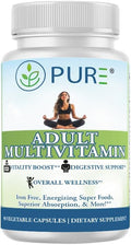 PURE® Adult Multivitamin Iron Free - 90 Vegetable Capsules, 30 Servings - High Potency Daily Wellness with Energizing Superfoods, B12 & Zinc - Digestive Enzymes for Superior Absorption - Made in USA