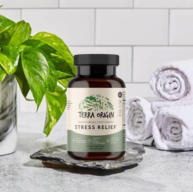 TERRA ORIGIN Healthy Stress Supplement | 60 Capsules | KSM-66 Organic Ashwagandha, L-Theanine, Rhodiola Extract, Astragalus Root and Holy Basil | Stress and Mood Support