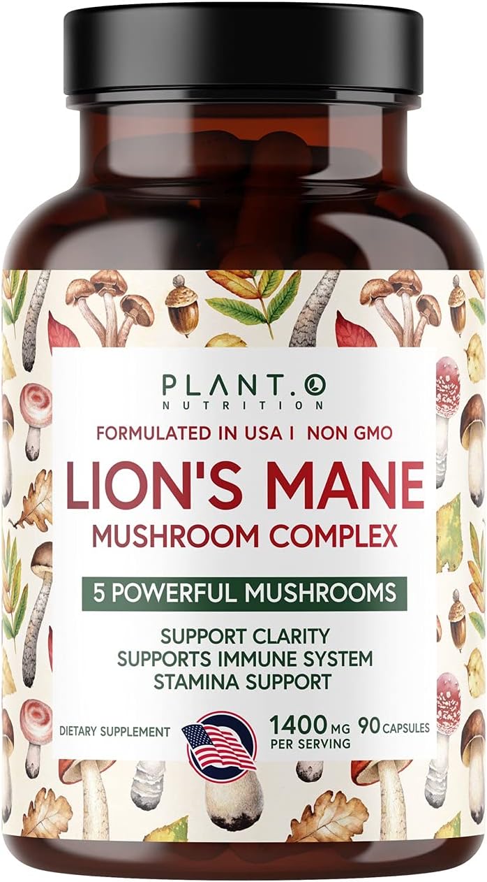 Plant.O Premium Lion's Mane Supplement, All Natural Nootropics Brain Supplement, 5 Mushroom Complex – Lion’s Mane, Reishi, Chaga, Maitake, Shiitake for Immunity, Focus, Mood & Memory Boost, 90 Caps