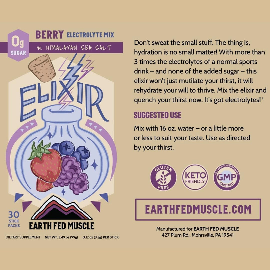 Earth Fed Muscle Elixir Electrolyte Powder Packets - Berry Flavor with Himalayan Sea Salt - Sugar Free, Stevia Sweetened - 3X Electrolytes - 30 Single Serve Hydration Drink Mix Sticks