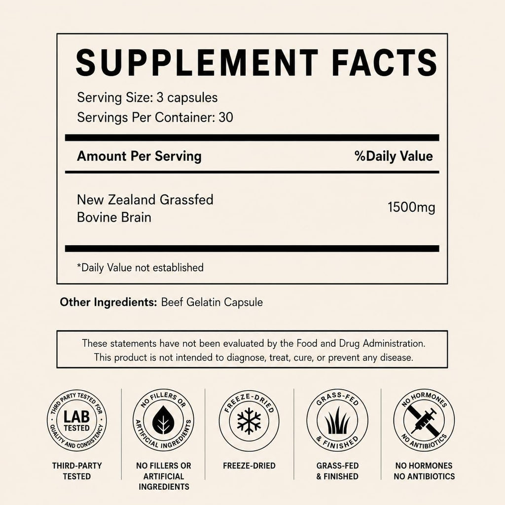 Primal Being Grassfed Beef Brain, Supports Memory, Mood, Focus, Energy, Cognitive Health - 90 Capsules, 1500mg per Serving