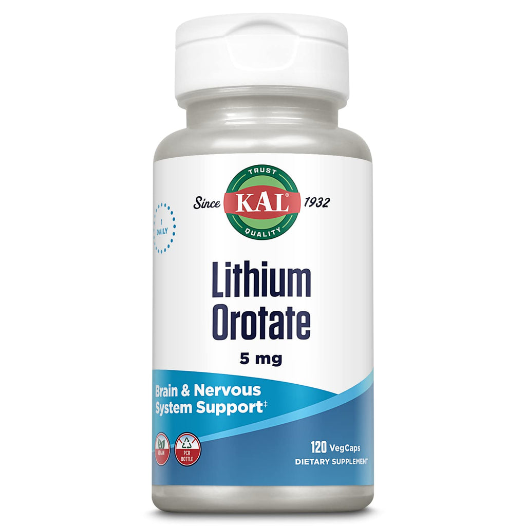 KAL Lithium Orotate 5 milligrams | Low Serving Of Chelated Lithium Orotate For Bioavailability and Mood Support | In Organic Rice Bran Extract Base | 120 VegCaps