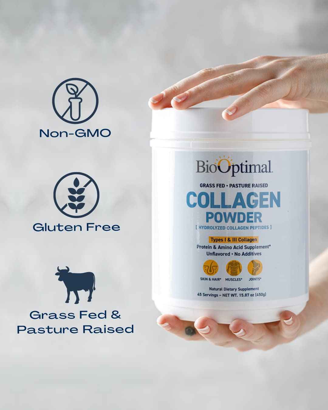BioOptimal Collagen Peptides Powder - Grass-Fed, Pasture-Raised Hydrolyzed Protein Supplement for Skin, Hair, & Nails - Non-GMO, Zero Sugar Daily Supplement for Men & Women (45 Servings)