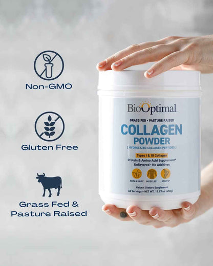 BioOptimal Collagen Peptides Powder - Grass-Fed, Pasture-Raised Hydrolyzed Protein Supplement for Skin, Hair, & Nails - Non-GMO, Zero Sugar Daily Supplement for Men & Women (45 Servings)