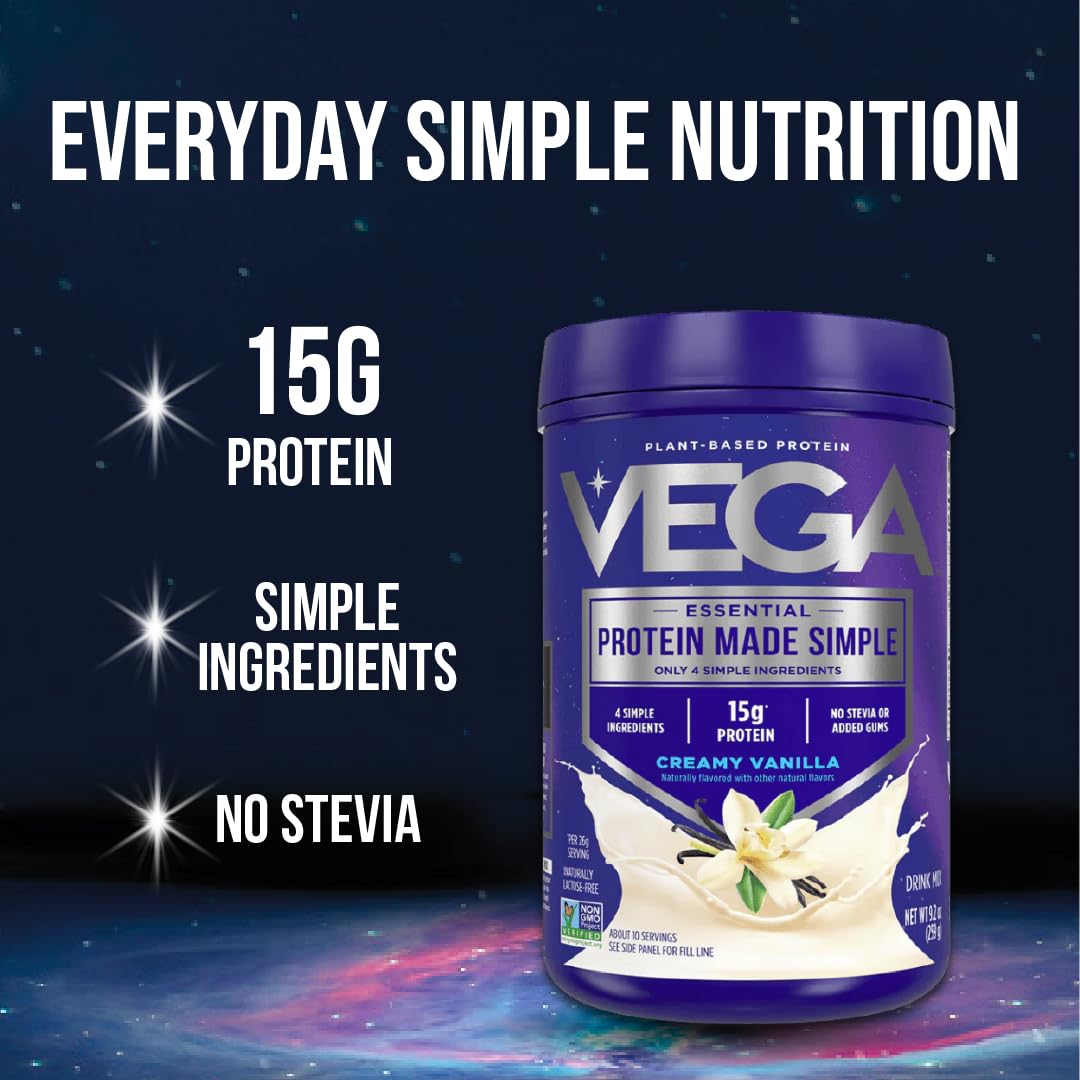 Vega Protein Made Simple Protein Powder, Vanilla - Stevia Free, Vegan, Plant Based, Healthy, Gluten Free, Pea Protein for Women and Men, 9.2 oz (Packaging May Vary)