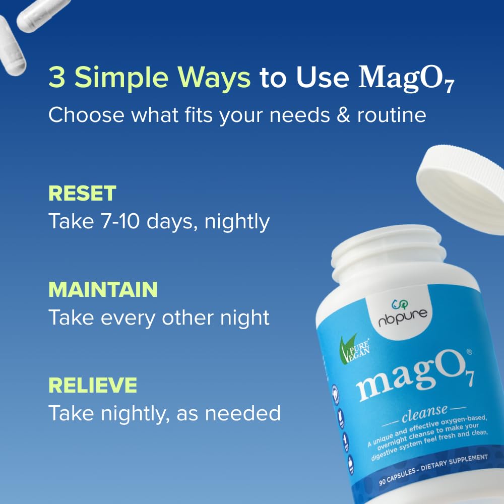nbpure MagO7 - Natural Colon Cleanse & Detox | Occasional Constipation Relief, Stool Softening, & Bloating Support for Men & Women | Ozonated Magnesium Oxide, 90 Capsules | Gentle overnight relief, No painful cramping, Eases constipation & bloating, Ozona