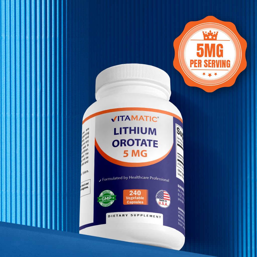 Vitamatic Lithium Orotate 5mg, 240 Veggie Capsules, Non-GMO, Gluten Free.