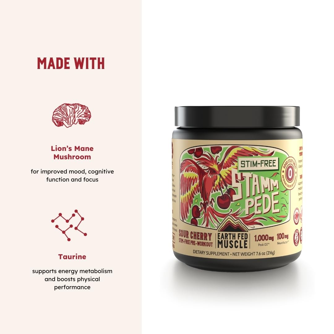 Earth Fed Muscle Stammpede Lemonade Pre Workout, Third-Party Certified. 250mg Caffeine, Lemonade - 5g Beta Alanine, Citrulline Malate, Taurine - Soy Free, Gluten Free - 16 oz, 26 Servings | Third-Party Certified, 250mg Caffeine, 5g Beta Alanine, Citrullin