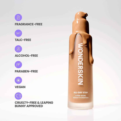Wonderskin Hyper Bond All-Day Stay Serum Foundation – Waterproof, Transfer-Proof, 24HR Longwear Face Makeup with Niacinamide & Hyaluronic Acid – Lightweight, Natural Finish (Aura)