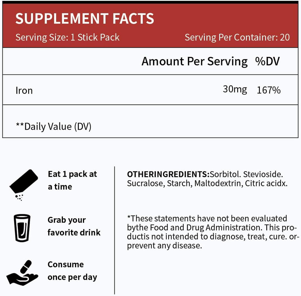 Iron Supplement, 30 Mg Iron Supplement for Women and Men, Promotes Red Blood Cell Production, Supports Iron Deficiency in Adults, 20 Ready-to-Drink Powder Sachets