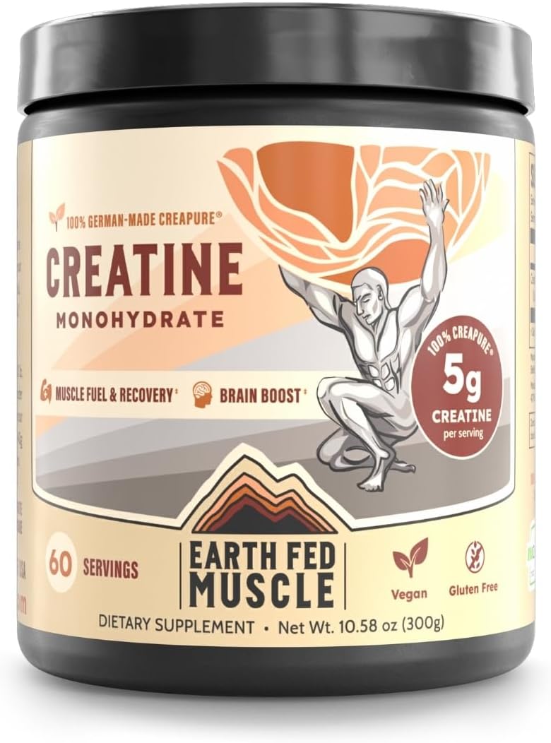 Earth Fed Muscle Creatine Monohydrate Powder, 300g, Unflavored | 60 Servings, German Creapure Creatine, For Strength, Power & Muscle Growth, Mixes Clean, No Fillers