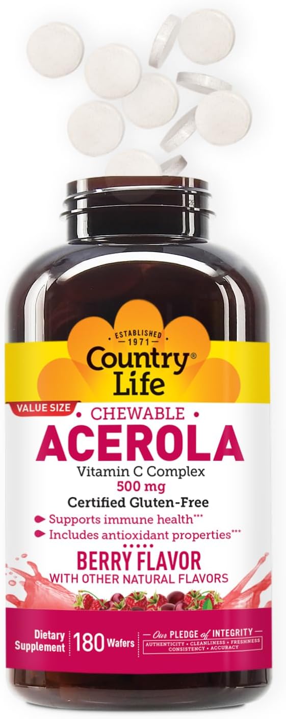 Country Life Acerola Vitamin C Complex 500 mg Chewable Wafers, 180 Count