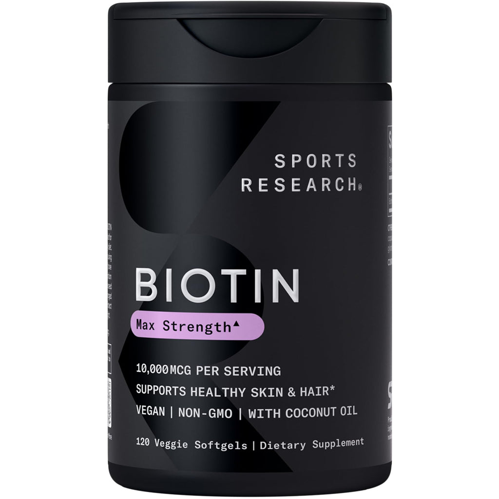 Sports Research® Biotin 10,000mcg with Organic Coconut Oil - Biotin (Vitamin B7) for Healthy Skin and Hair Support* - for Women and Men - Vegan, Non-GMO, Gluten & Soy-Free - 120 Veggie Softgels