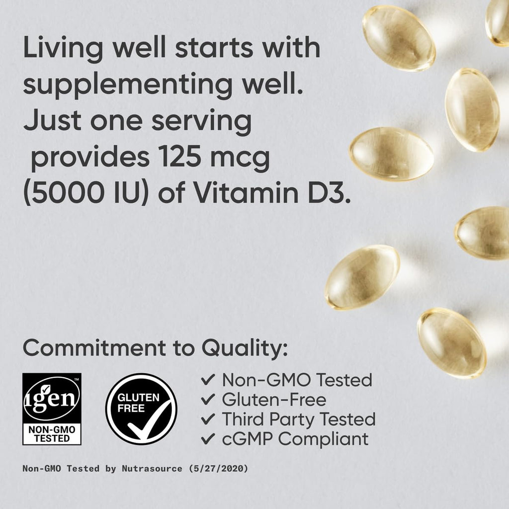 Sports Research Vitamin D3 5000 IU with Coconut MCT Oil - High Potency Vitamin D Supplement for Immune & Bone Support - Non-GMO Verified, Gluten & Soy Free – 125mcg, 360 Liquid Softgels