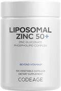 Codeage Liposomal Zinc 50mg, Zinc Gluconate, Vegan, 100 Capsules | Zinc gluconate 50mg, liposomal delivery. One capsule per day. Three-month supply. Vegan, non-GMO.