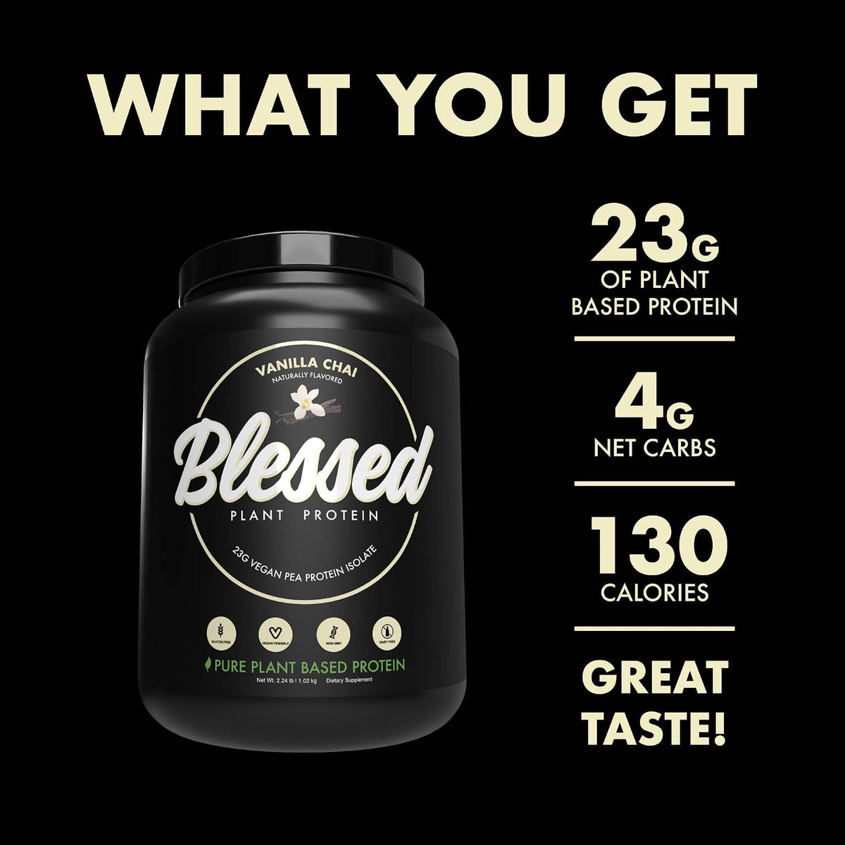 Blessed Vegan Protein Powder - Plant Based Protein Powder Meal Replacement Protein Shake, 23g of Pea Protein Powder, Dairy Free, Gluten Free, Soy Free, No Sugar Added, 30 Servings (Vanilla Chai)