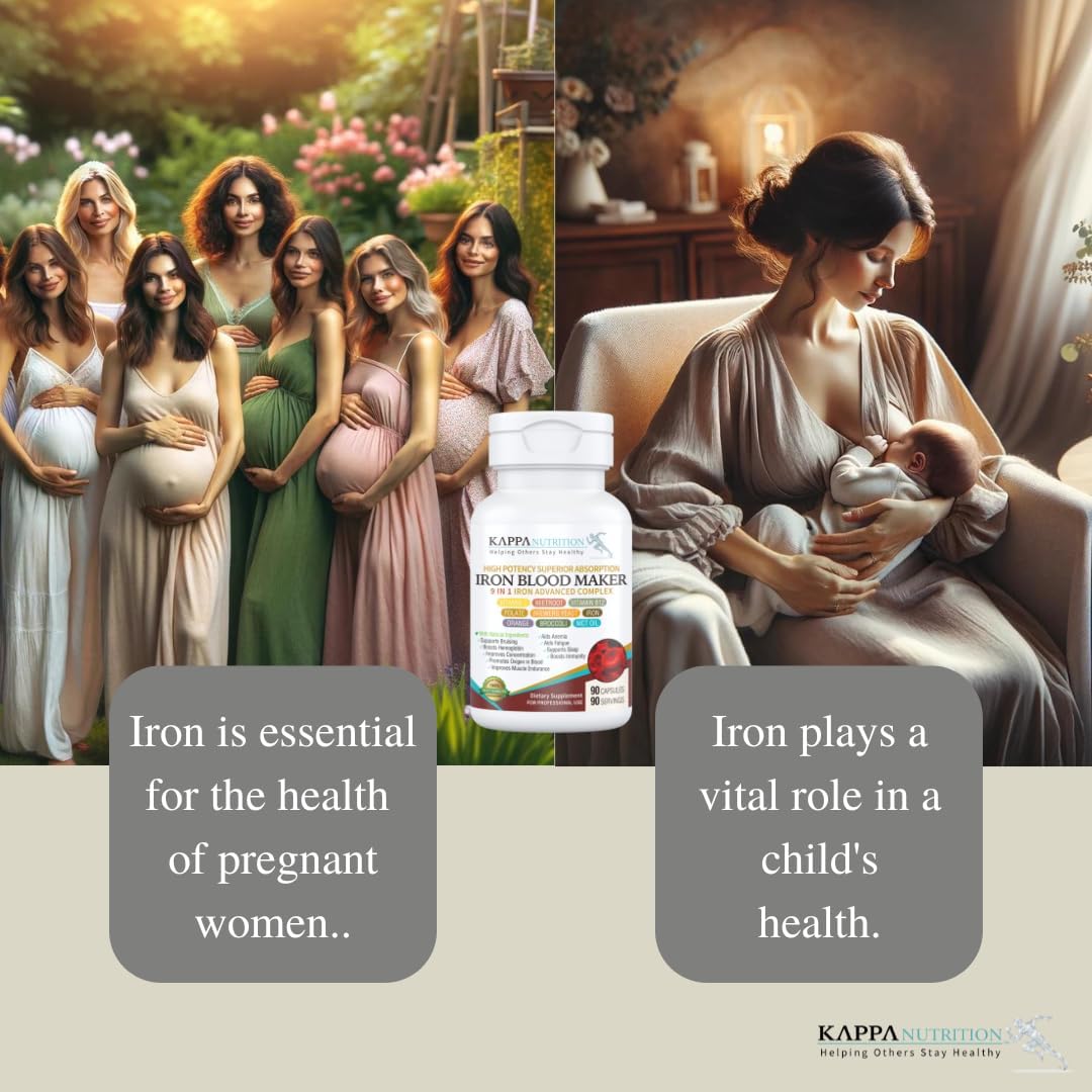 KAPPA NUTRITION Iron 26mg, Vitamin C & Orange 150mg, Folate 667mcg DFE, Vitamin B12, Beetroot, Brewers Yeast, Broccoli & MCT Oil 9 in 1 Advanced Complex (90 Capsules)