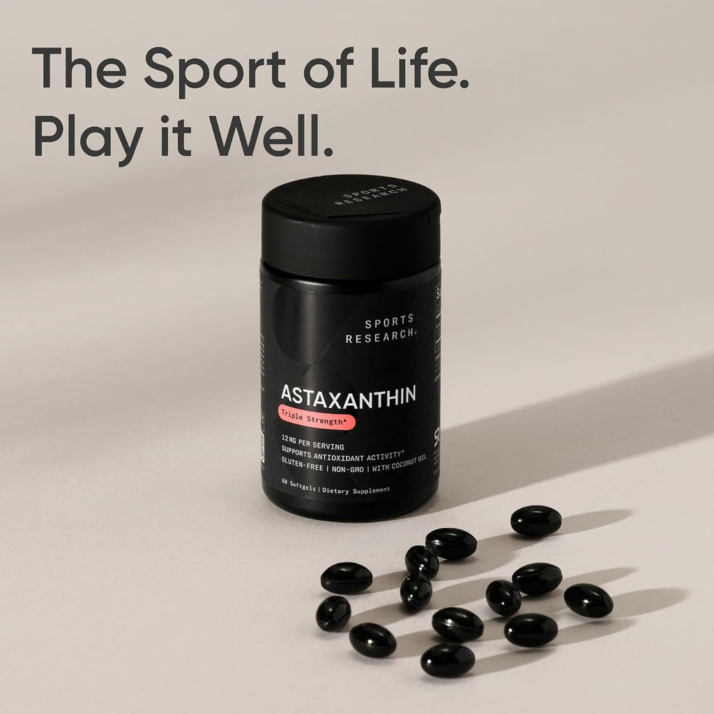 Sports Research® Triple Strength Astaxanthin 12mg w/Organic Coconut Oil - Antioxidant Supplement for Skin & Eye Health Support* - Soy Free · Non-GMO · Gluten Free - 60 Softgels