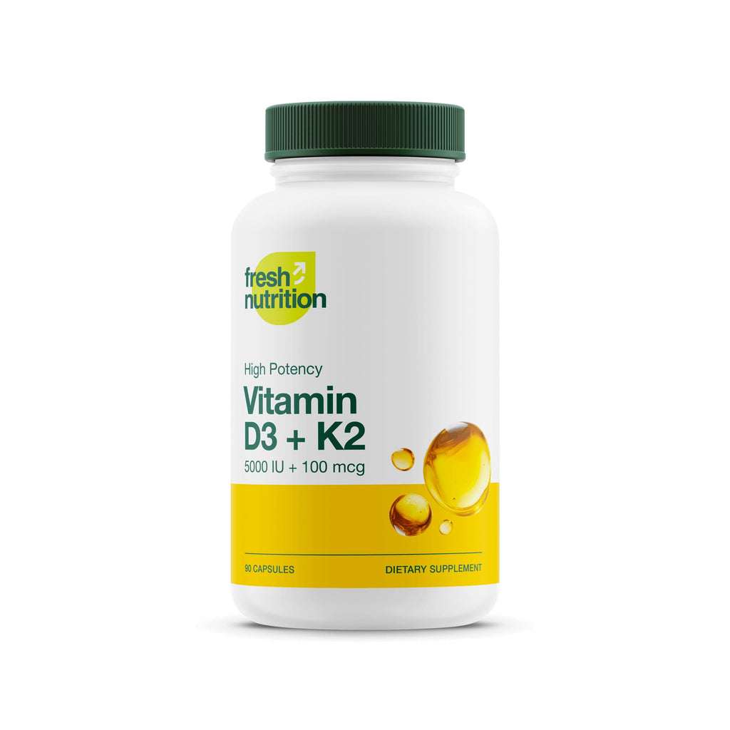 Fresh Nutrition Vegan Vitamin D3 + K2 Capsules - 5000 IU D3 + 100mcg K2 as MK-7 for Optimal Absorption - Immune Health, Bone Health, Mood - Non GMO - 90 Capsules, 3 Month Supply