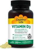 Country Life Vitamin D3 125 mcg 5000 IU, Gluten-Free, 200 Softgels
