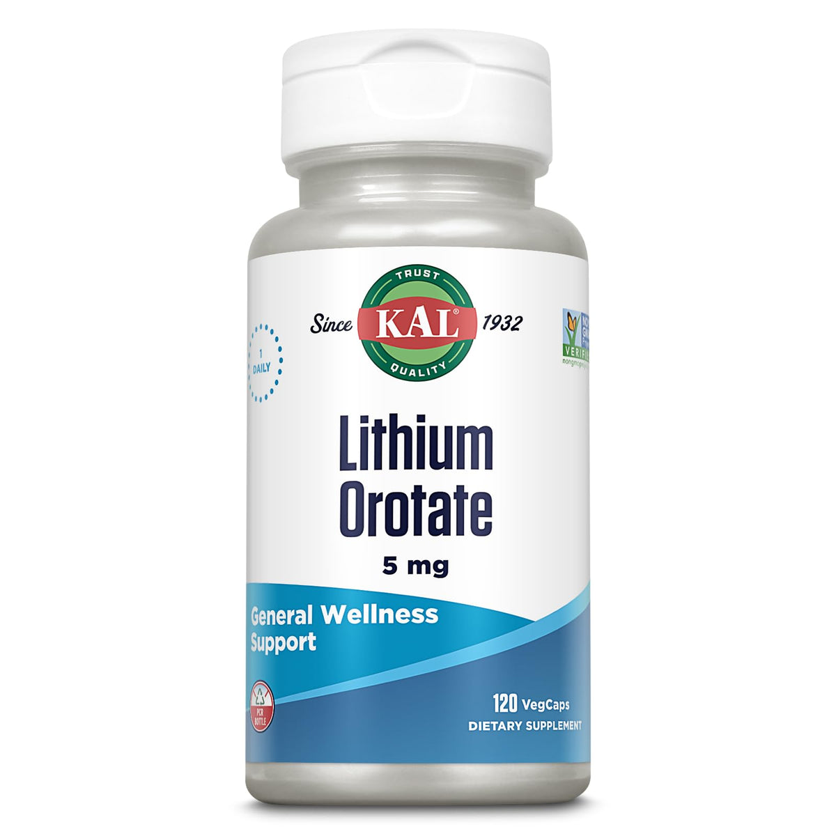 KAL Lithium Orotate 5 milligrams | Low Serving Of Chelated Lithium Orotate For Bioavailability and Mood Support | In Organic Rice Bran Extract Base | 120 VegCaps