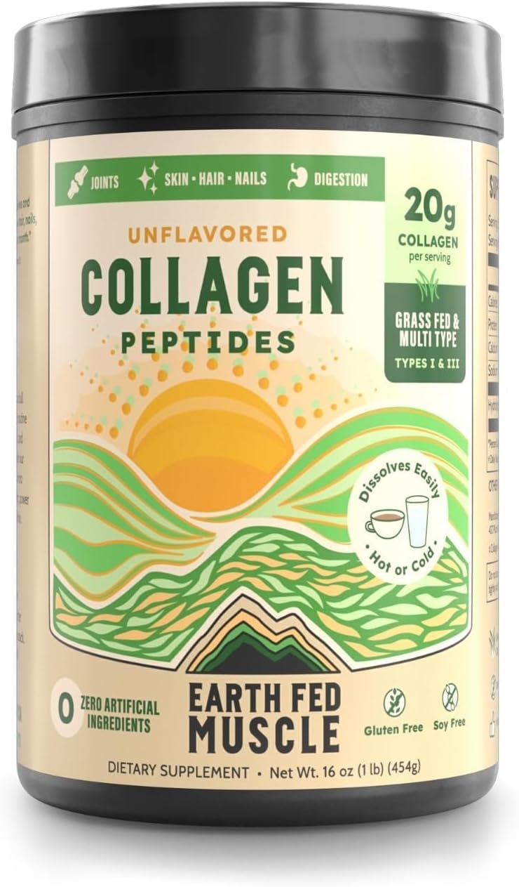Earth Fed Muscle Collagen Peptides, Unflavored, 23 Servings | Third-Party Certified, 20g Protein, Grass Fed, Non-GMO, Hormone Free, Gluten Free, Multi-Type