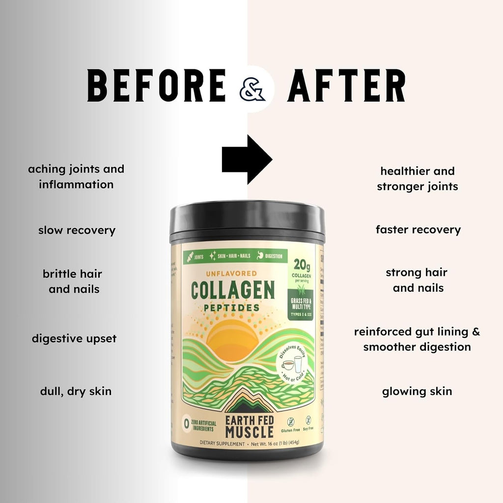 Earth Fed Muscle Collagen Peptides, Unflavored, 23 Servings | Third-Party Certified, 20g Protein, Grass Fed, Non-GMO, Hormone Free, Gluten Free, Multi-Type