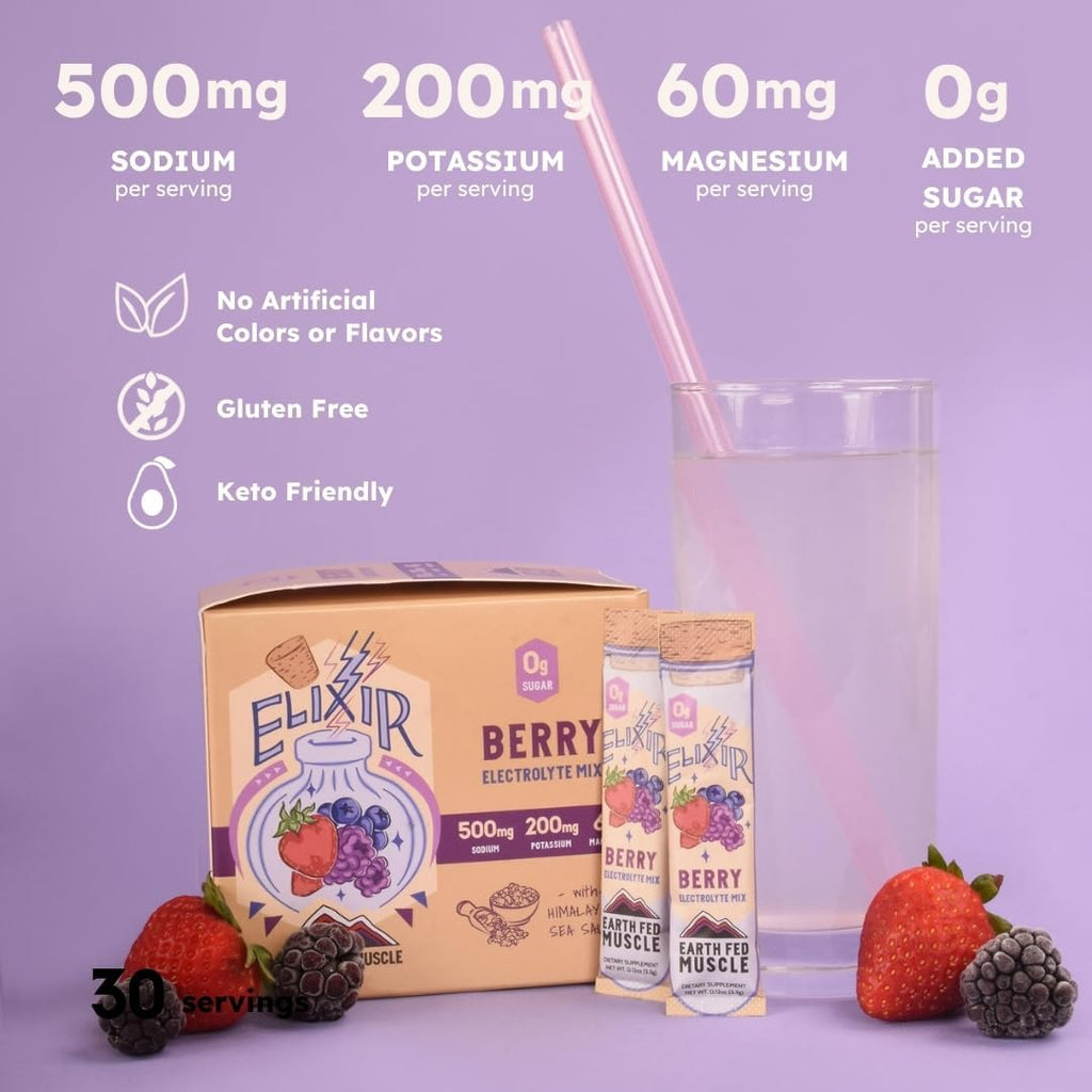 Earth Fed Muscle Elixir Electrolyte Powder Packets - Berry Flavor with Himalayan Sea Salt - Sugar Free, Stevia Sweetened - 3X Electrolytes - 30 Single Serve Hydration Drink Mix Sticks