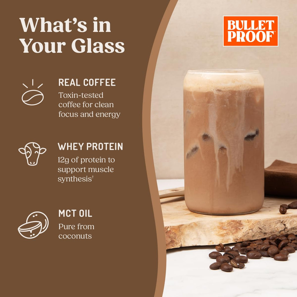 Bulletproof Iced Protein Coffee, Mocha, 12g Whey Protein + MCT Oil, 170mg Caffeine, Instant Coffee from Real Beans & Cocoa, Tested for Toxins, No Artificial Flavors & Sweeteners, 14 Servings