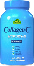 ALFA VITAMINS CollagenC Collagen Hydrolysate Capsules with Biotin - Anti-Aging Nutritional Supplement for Skin, Nails & Hair Rejuvenation - Supports Bone & Muscle - Made in USA - 180 Capsules - 1 Pack