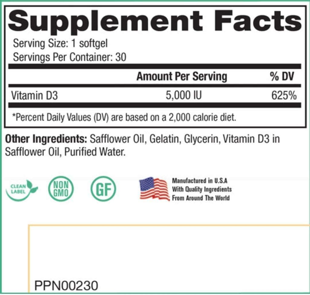 Peak Pure & Natural Peak D3 - Calciferol Vitamin D3 5,000 IU - Immune Support - Support Heart Health - Boost Energy - Daily Vitamin for Adults | 30 Capsules