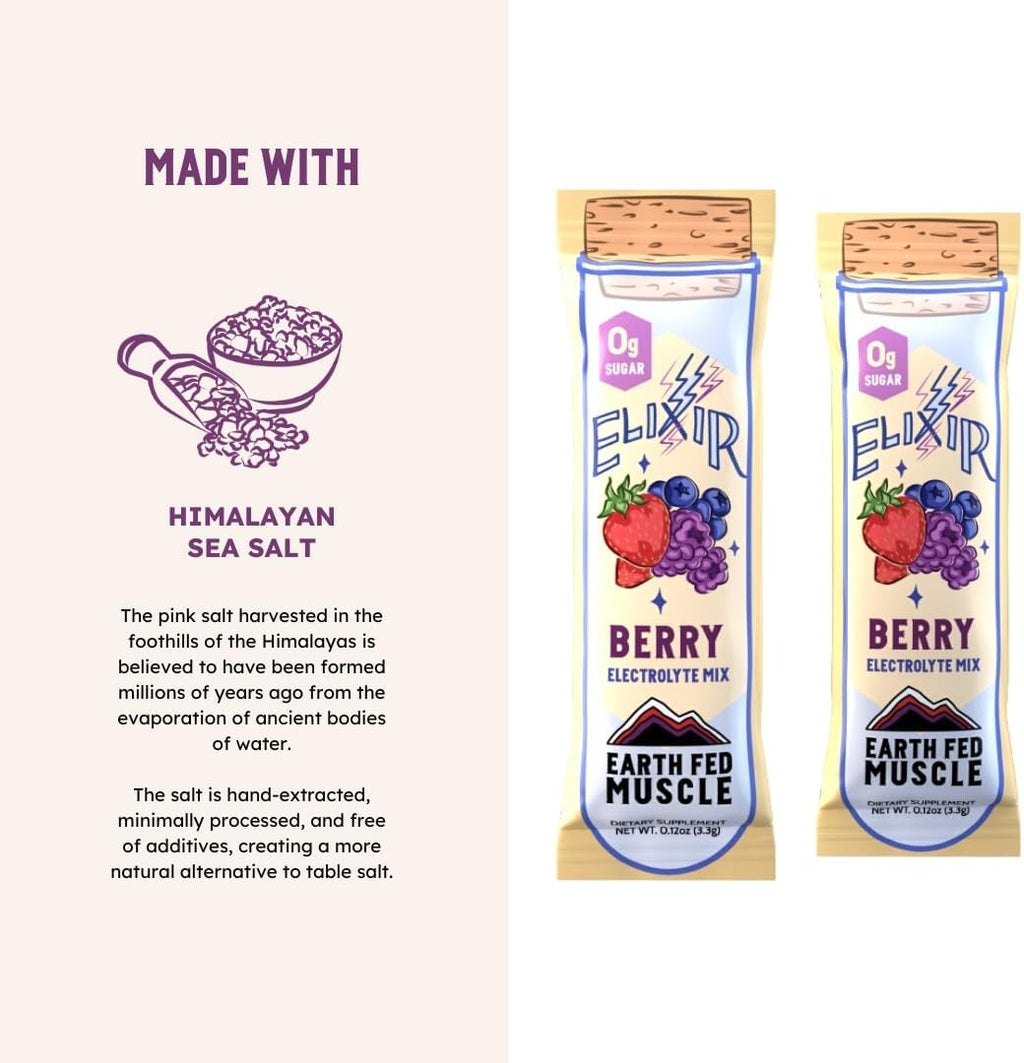 Earth Fed Muscle Elixir Electrolyte Powder Packets - Berry Flavor with Himalayan Sea Salt - Sugar Free, Stevia Sweetened - 3X Electrolytes - 30 Single Serve Hydration Drink Mix Sticks