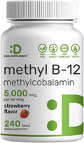 DEAL SUPPLEMENT Methyl B-12 Vitamins 5000 mcg Per Serving, 240 Tablets | Active Form - Strawberry Flavored - Vitamin B12 Supplement for Women & Men - GMO Free & Gluten Free