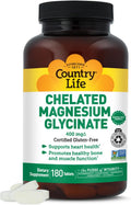 Country Life Chelated Magnesium Glycinate 400 mg, 180 Tablets