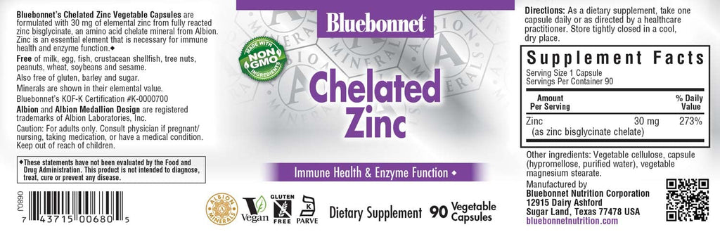 Bluebonnet Nutrition Albion Chelated Zinc, For Immune Health & Enzyme Function*, Soy-Free, Gluten-Free, Non-GMO, Kosher Certified, Dairy-Free, Vegan, 90 Vegetable Capsules, 90 Servings