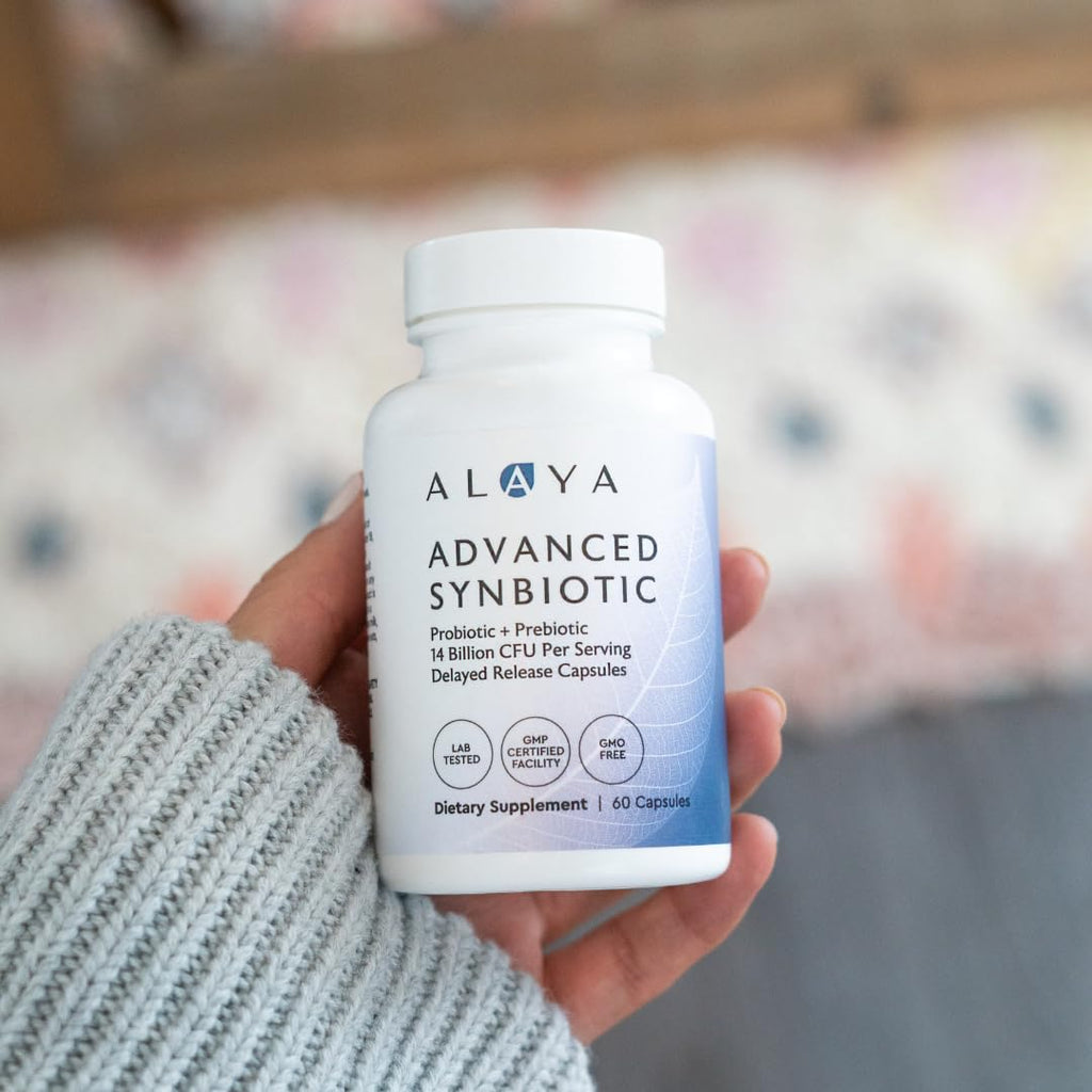Alaya Naturals Advanced Synbiotic - Probiotic + Prebiotic - 14 Billion CFU Delayed Release Probiotic Supplement with Prebiotics from Sunfiber®, and L-glutamine for Gut Lining Integrity - 60 Capsules