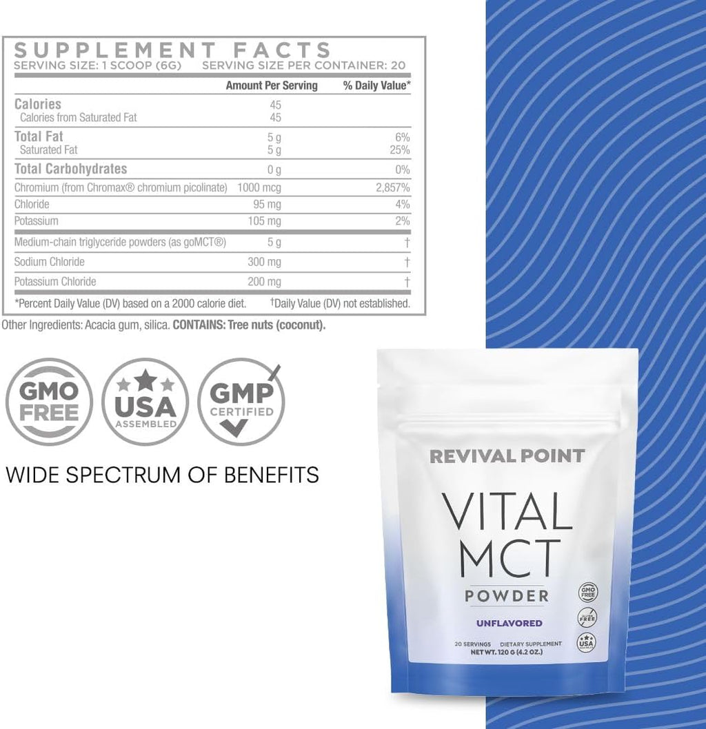 Premium Unflavored MCT Oil Powder with Keto Electrolytes- Creamer for Coffee, Tea, and Shakes- Includes 15x Bioavailable Chromium Picolinate, C10 and C8 MCT Oil Derived from Coconuts – 120 Grams