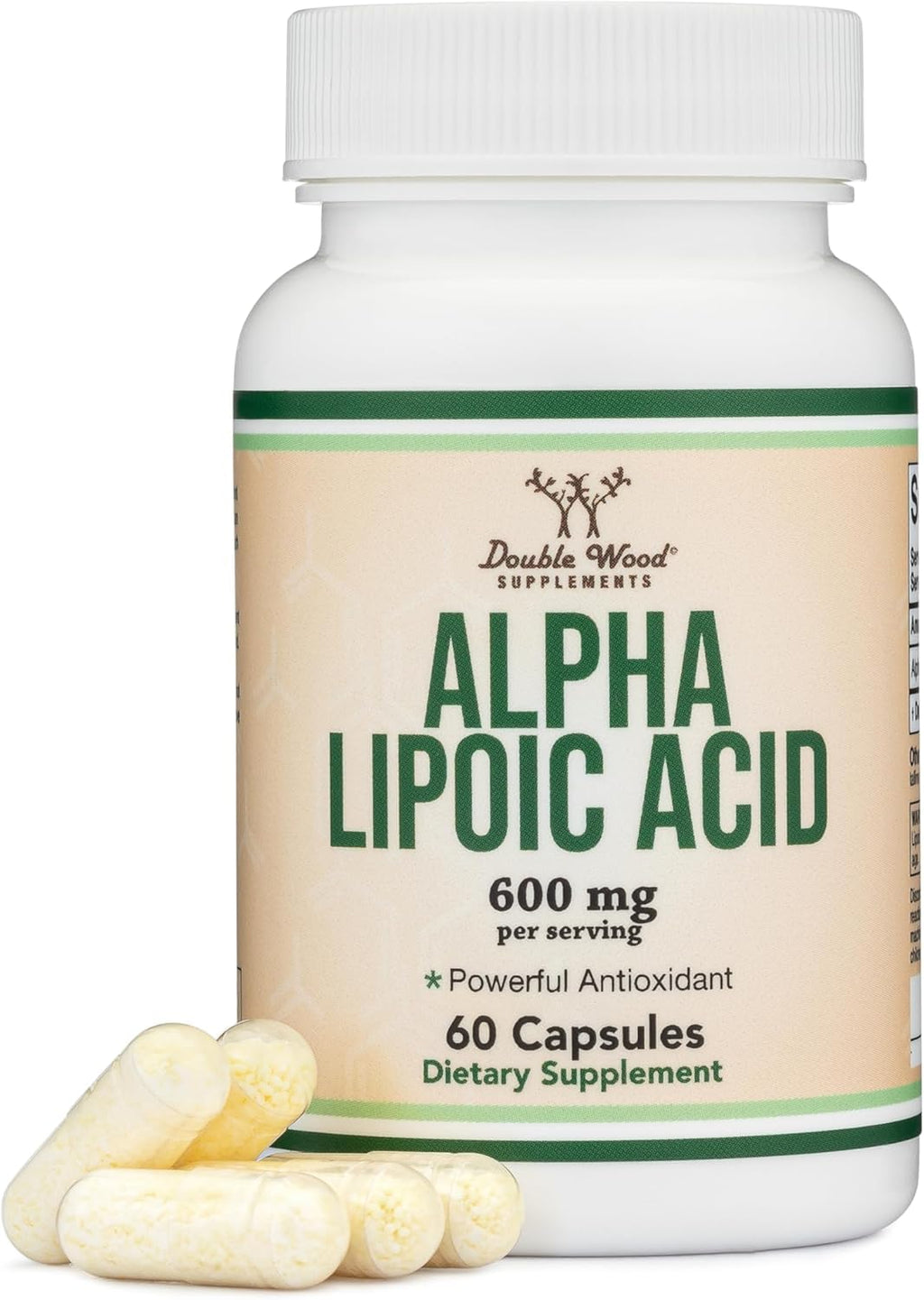 Alpha Lipoic Acid 600mg per Serving, 60 Capsules (Third Party Tested, Non-GMO, Gluten Free, Vegan Safe) Cellular Energy Support (ALA Supplement) by Double Wood