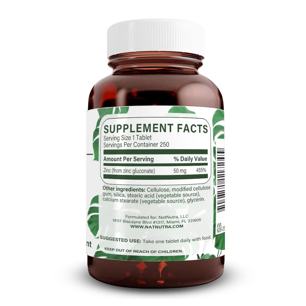 Natural Nutra Zinc Gluconate 50mg Supplement for Immune Support, Promotes Skin Health, Provides Ease From Flu & Cold, Boost Learning & Memory, Enhance Taste & Smell, Gluten Free 50mg 100 Vegan Tablets