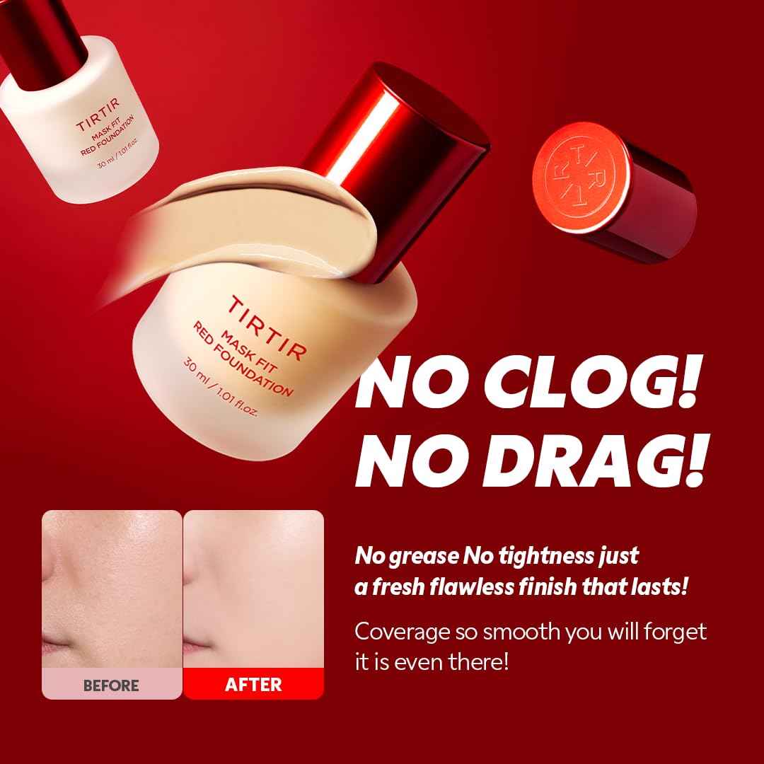 TIRTIR Mask Fit Red FoundationㅣLong Lasting Flawless Coverage, Energy Essence, Lightweight, Hydrating, Pore-Blurring, Breathable Satin Finish, Makeup, Radiant Skin, #21N Ivory, 1.01 Fl Oz