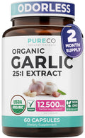 PURE CO USDA Organic Garlic Supplement - High Potency 25:1 Garlic Extract with 12,500mg Herbal Equivalent Strength for Immune & Heart Support - Odorless Vegan & Non-GMO (4 Month Supply)
