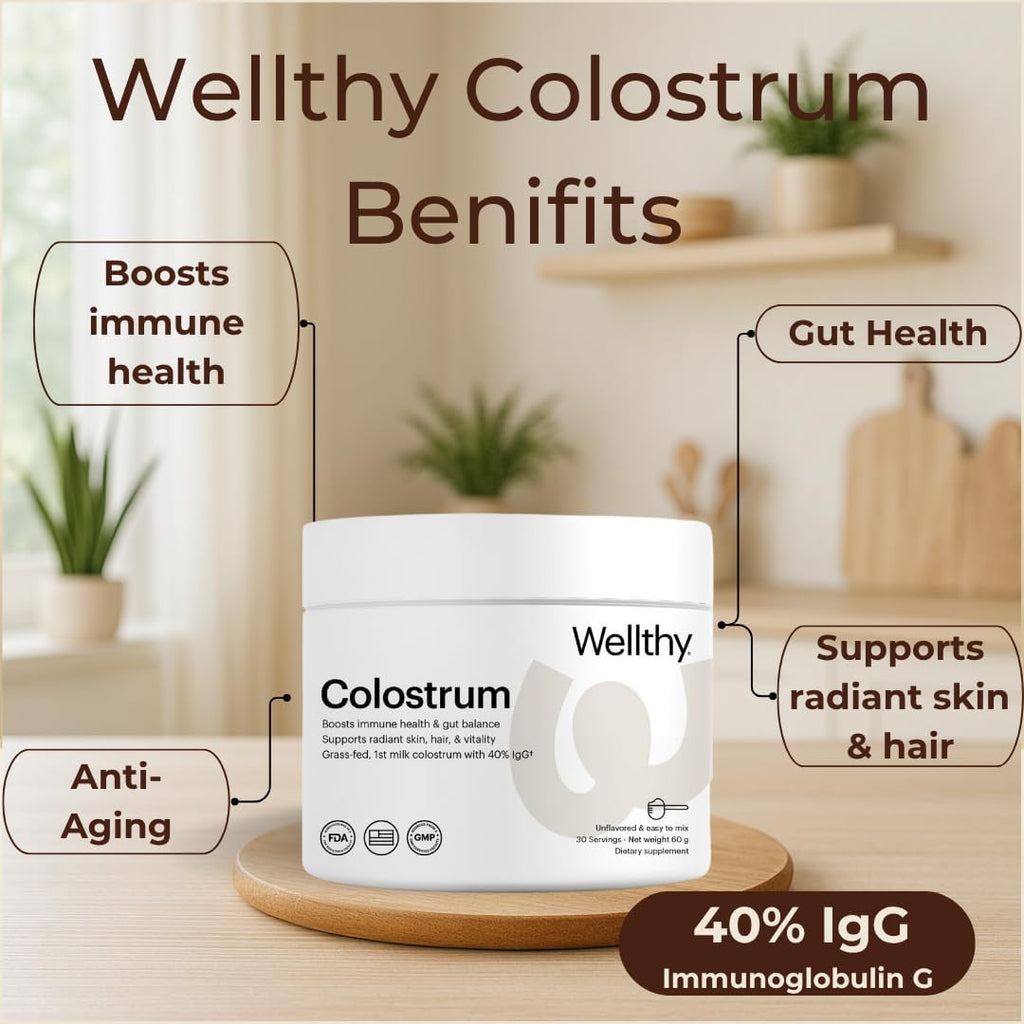 Wellthy Colostrum Powder – Grass-Fed, 40% IgG – Supports Immune System, Gut Health, and Radiant Skin – 30 Servings – Made in USA