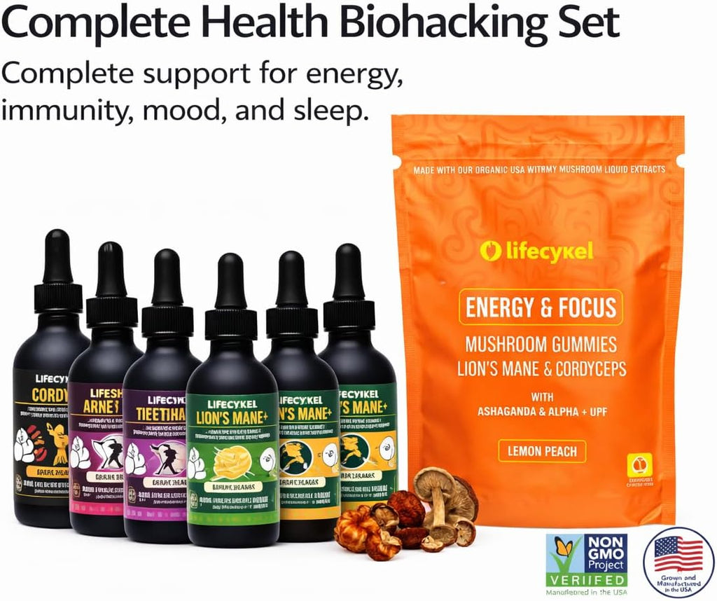 Life Cykel Premium Mushroom Extract Liquid Bundle – Lion’s Mane, Cordyceps, Reishi, Chaga, Turkey Tail & Shiitake (1oz Each) with Included Energy Gummies (10-Count), for Vitality & Mental Clarity